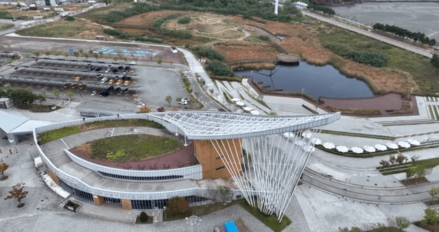 Modern architecture with surrounding park