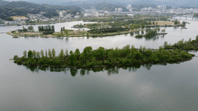 Scenery of lake with blue island