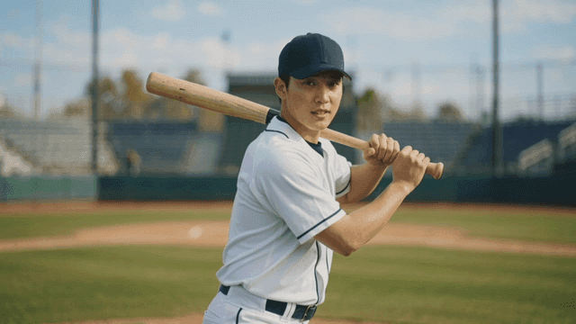 Baseball player holding bat at baseball field.