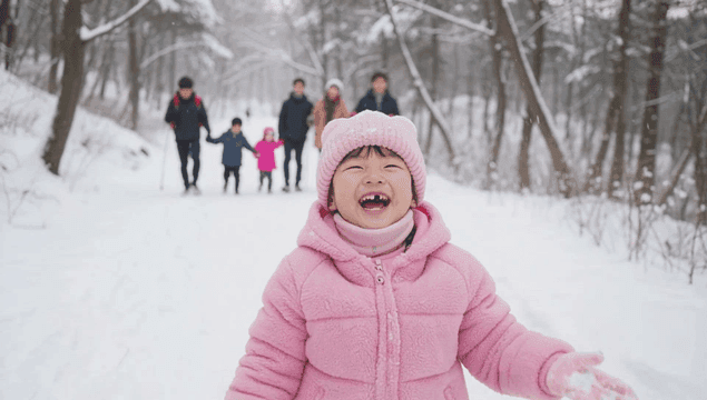 눈을 던지고 행복해하는 어린 여자아이