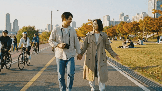 Couple walking in autumn park with colorful foliage