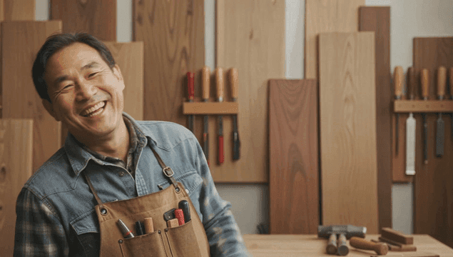 목공소에서 웃고 있는 행복한 목수