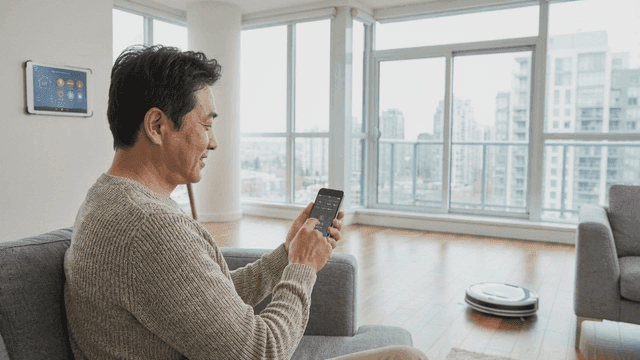 Man who controls home appliances with smartphone