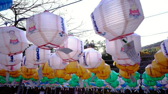 Hanging lanterns in a temple courtyard during a traditional festival