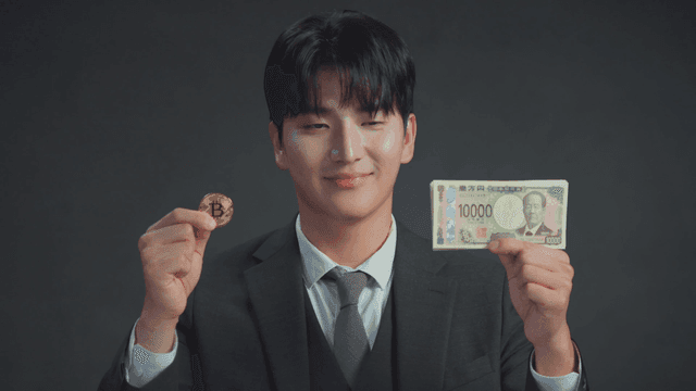 손에 든 비트코인을 보고 미소짓는 남자