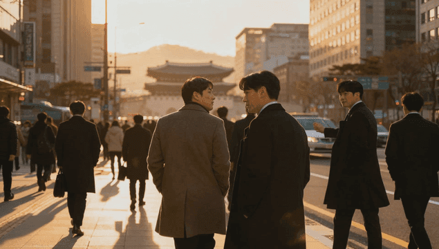 Office workers walking on a city street at evening
