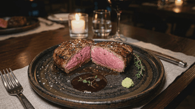 Juicy steak served at cozy restaurant