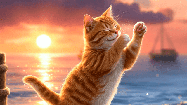 Cat waving its paw by the sea at sunset