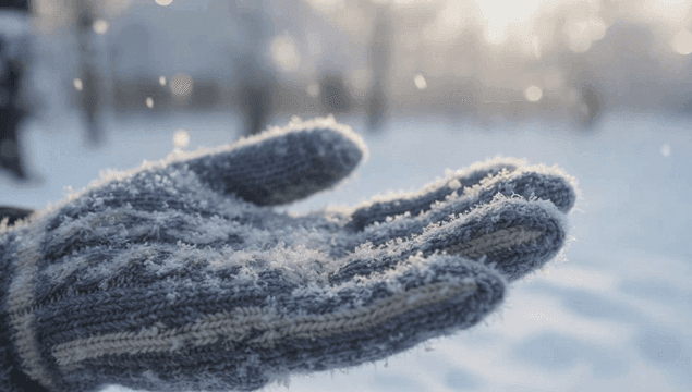 Snowflakes falling gently on fur gloves