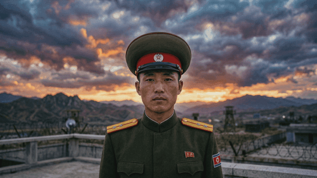 North Korean soldiers standing in sunset with mountains