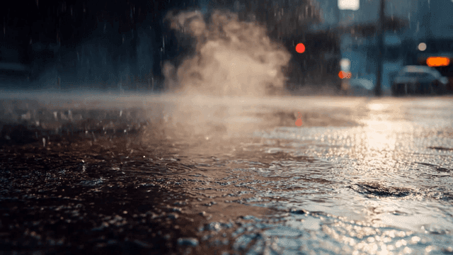 Raindrops falling on road