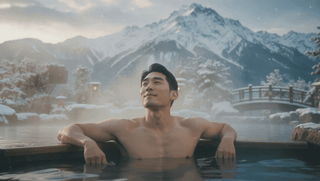 눈 덮인 산으로 둘러싸인 야외 온천을 즐기는 남자