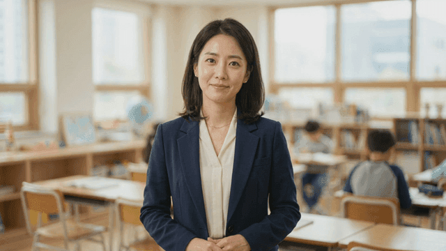 Smiling teacher in bright elementary school classroom