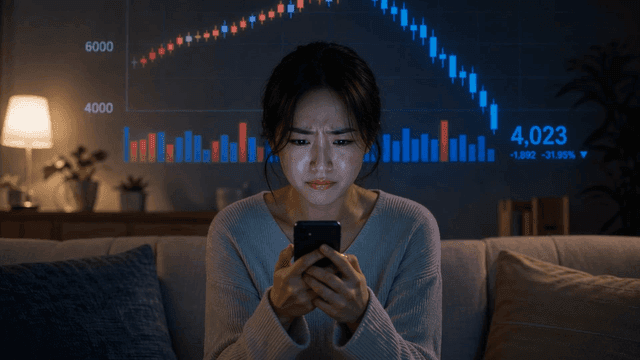 휴대폰으로 하락한 주식 시장을 보고 스트레스 받는 여자