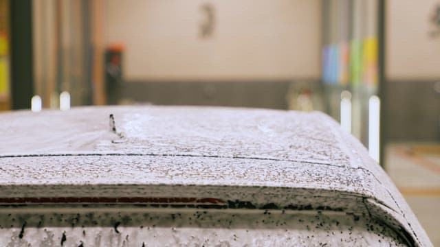 세차장에서 자동차 지붕에 분사되는 비눗물