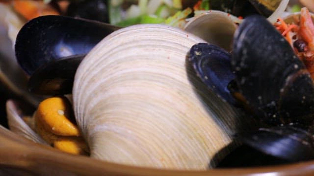 Variety of seafood such as clams and shrimp in a pot