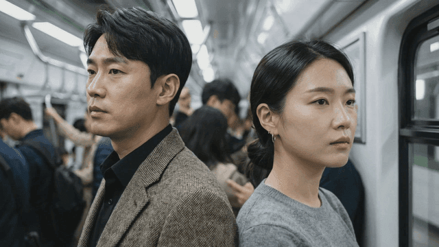 Two people standing back to back in a subway