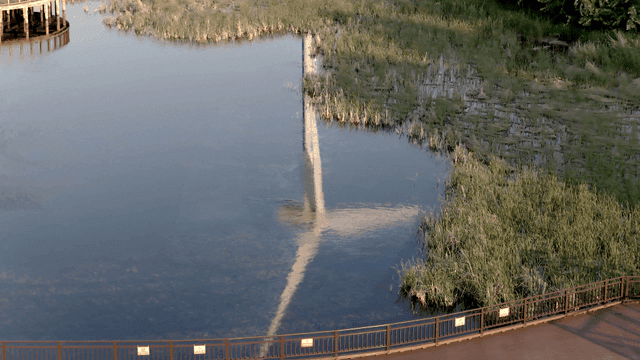 풍력 발전기가 비춰지는 잔잔한 호수와 산책로