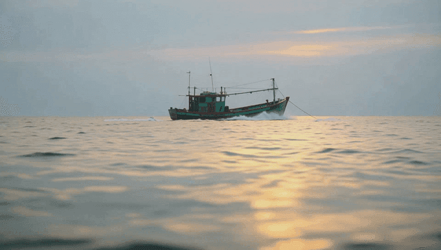 Fishing boat on evening sea waves