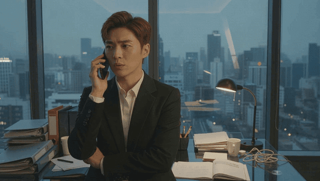 고층 건물 창가 사무실에서 전화 통화 중인 회사원