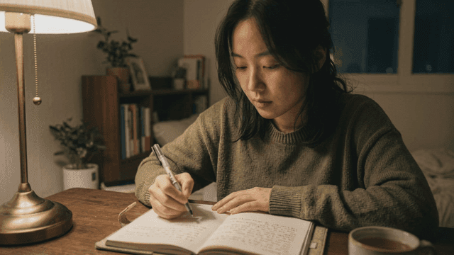 Woman writing in notebook at night