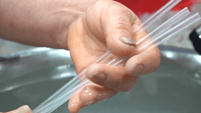 주방에서 손에 들린 플라스틱 빨대들