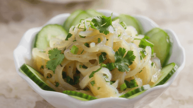 Bowl of fresh cucumber and jellyfish salad