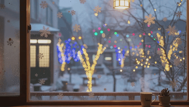 눈 내리는 저녁 시간 창문 너머 크리스마스 조명
