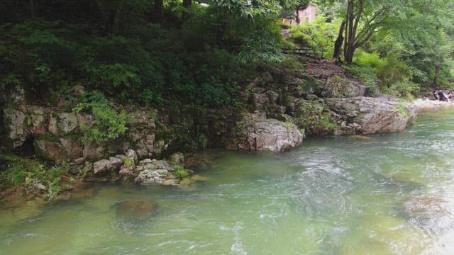 Tranquil river flowing through rocky terrain