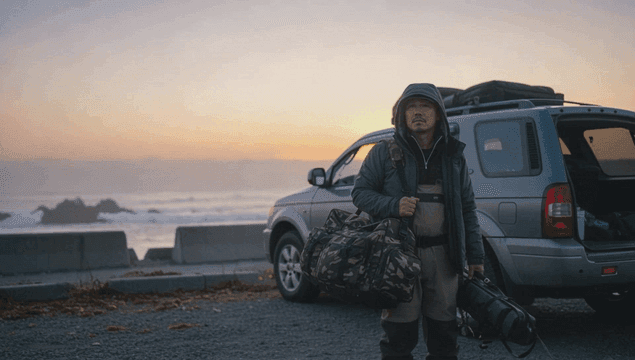 Fisherman arrives at wavy beach