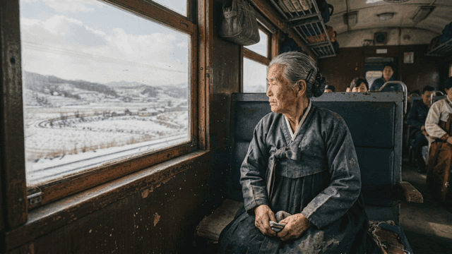 Elderly person in Hanbok looking out train window