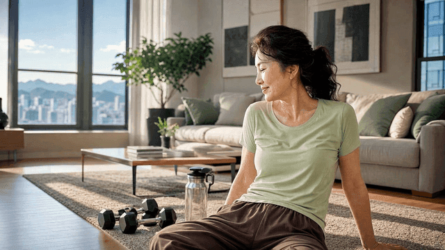 Middle-aged woman resting after exercising in bright living room