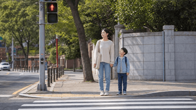 Mother and child waiting at crosswalk