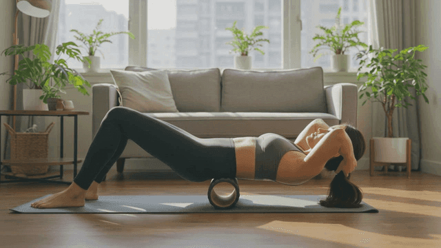 여성이 실내에서 폼롤러로 운동하는 모습