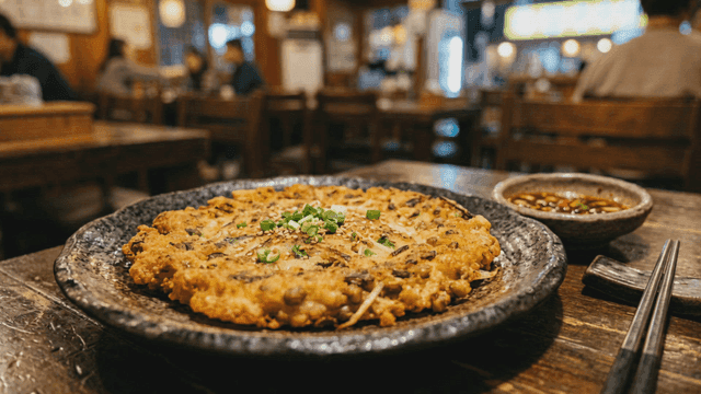 Kimchi pancake on cozy restaurant table