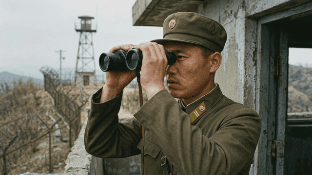 North Korean soldiers observing through binoculars