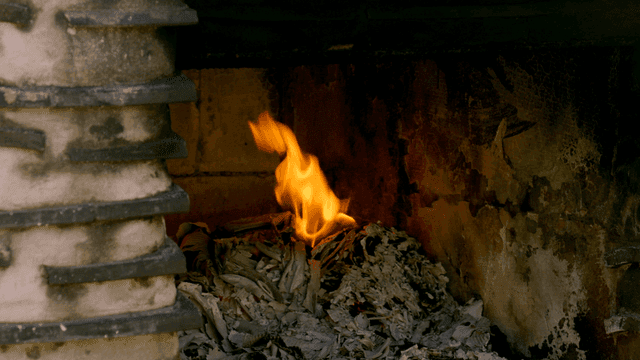Fire burning in a furnace with ashes