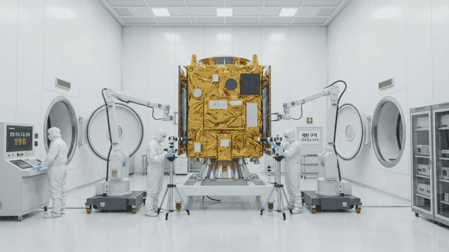 Scientists working on satellite in laboratory