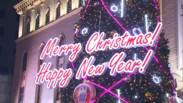 새해 인사가 적힌 크리스마스 트리