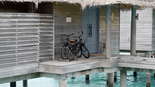 물가의 나무 데크에 주차된 자전거