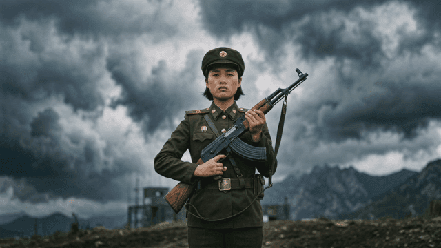 Solemn North Korean female soldier standing with rifle under dark clouds