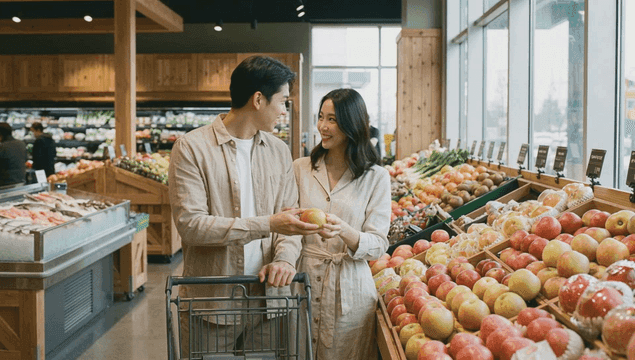 Couple shopping for fresh produce at supermarket