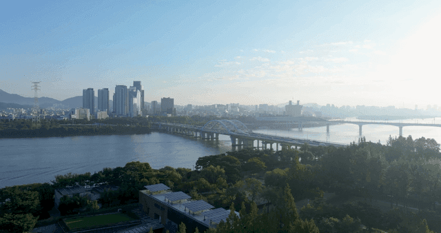 City skyline with rivers and bridges