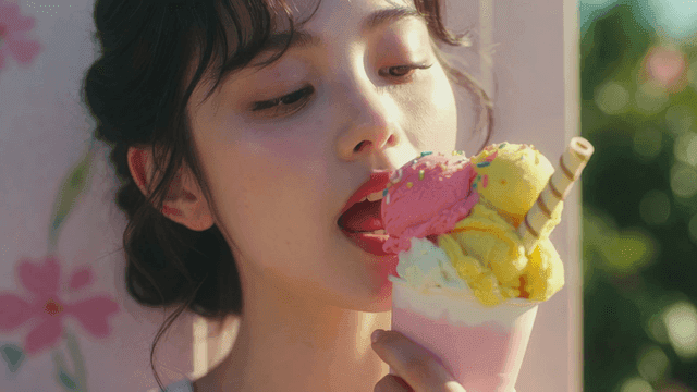 화려한 아이스크림을 먹는 젊은 여성