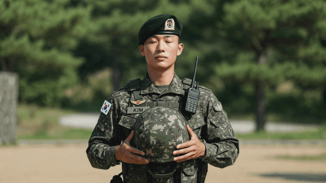 A soldier standing outdoors holding a helmet