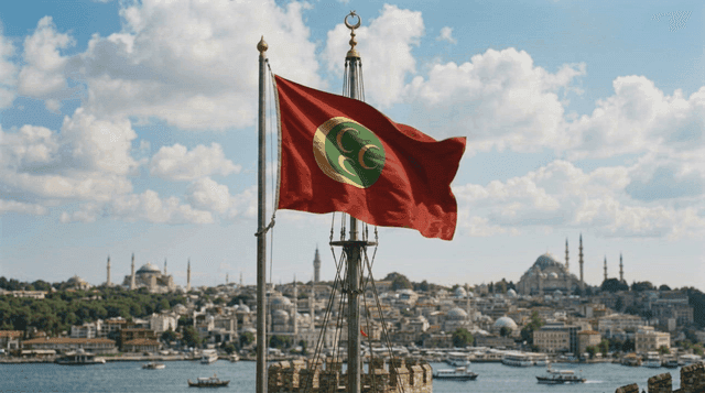 Ottoman Empire flag fluttering against cityscape backdrop