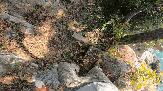 Walking male along a rocky forest path by the sea