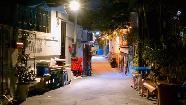 Quiet alleyway with warm lighting