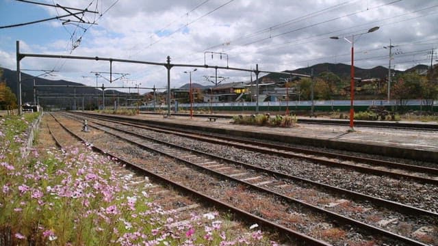 Quiet rail station with flowered surroundings under a partly cloudy sky