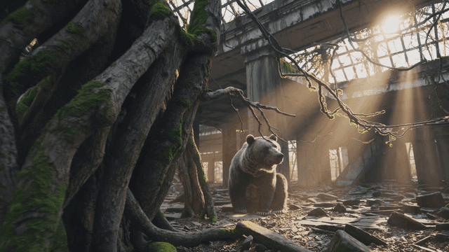나무가 자란 버려진 건물 속 곰
